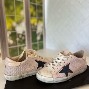Pink mesh golden goose super star with navy stars.